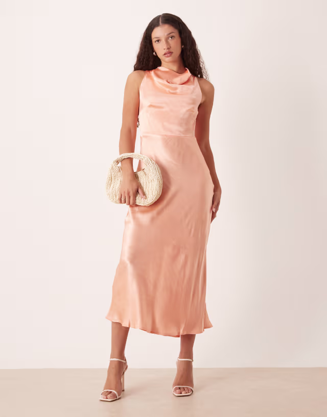 Nobody's Child Frances satin high neck drape detailing midi dress in pale orange