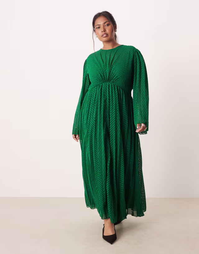 ASOS DESIGN Curve tie back fluted sleeve pleated chevron chiffon midi dress in green