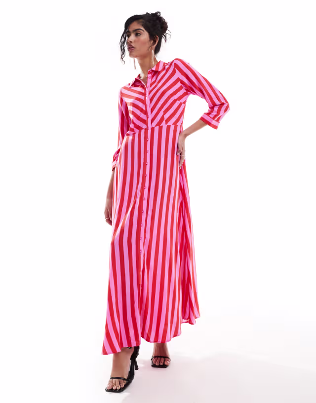 YAS maxi shirt dress in pink and red stripe
