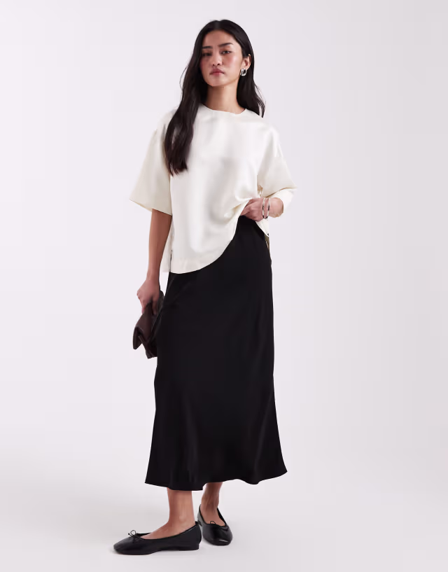 Pieces matte satin midi skirt in black
