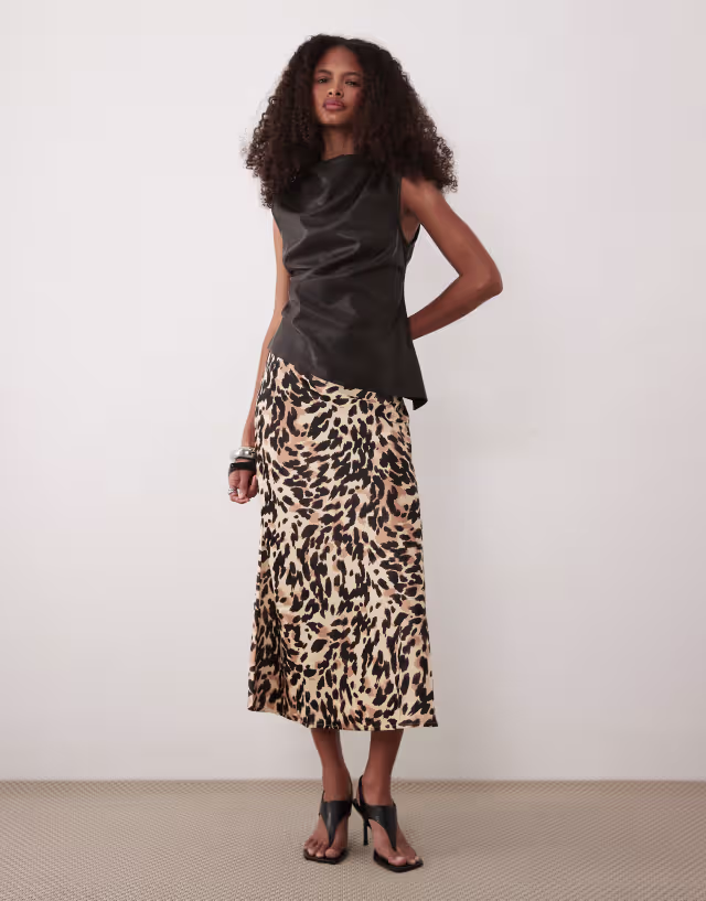 YAS satin midi skirt in leopard print