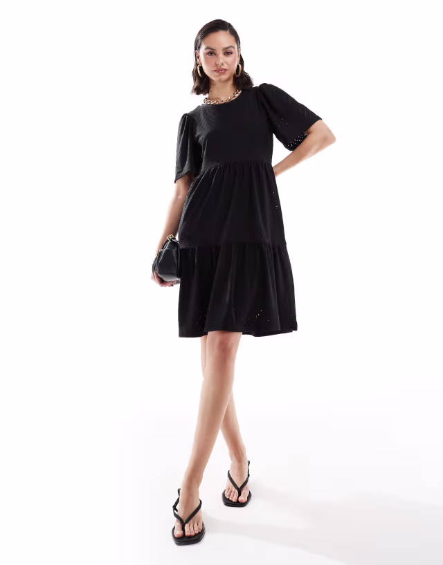 JDY tiered eyelet midi dress in black