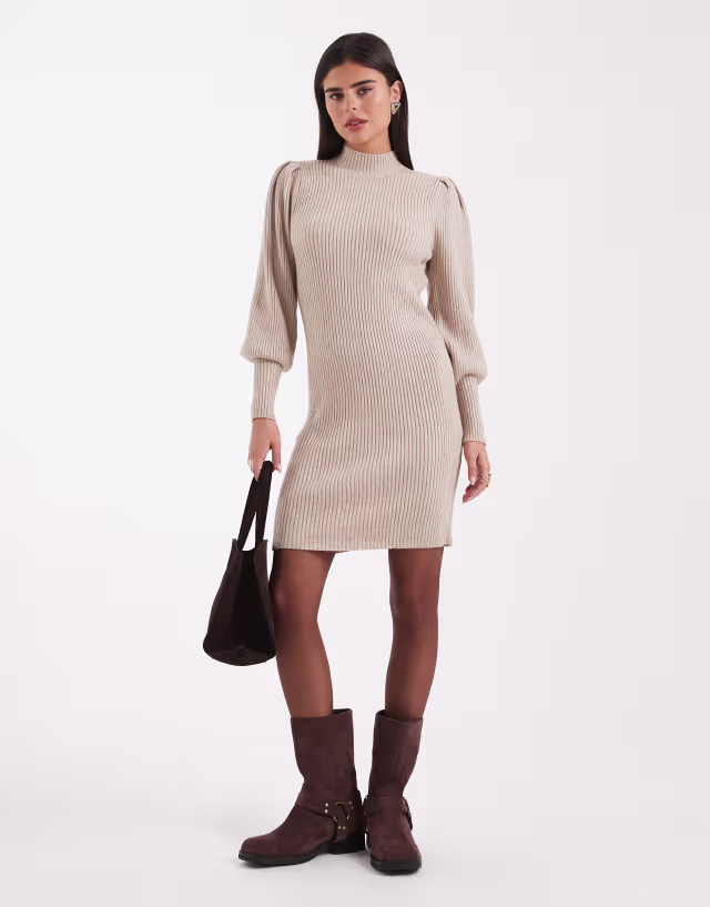 ONLY high neck puff sleeves sweater dress in beige