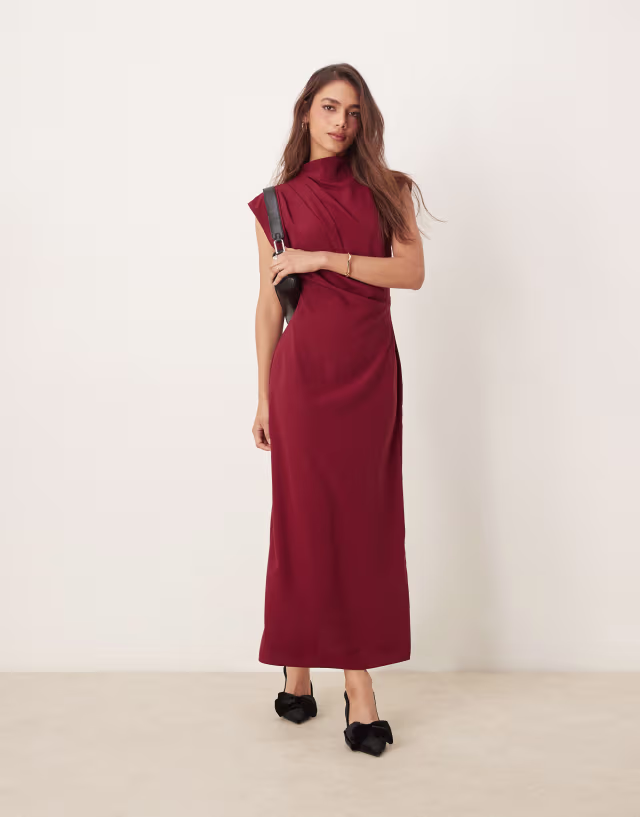 ASOS DESIGN high neck sleeveless midi dress with draped neck in burgundy