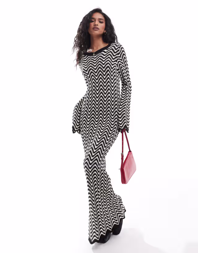 YAS knitted maxi dress with lettuce edge in black and white stripe