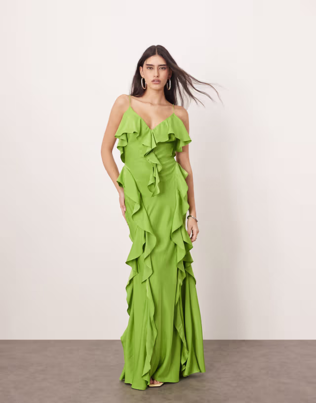 ARRANGE ruffle maxi slip dress with bias skirt in green