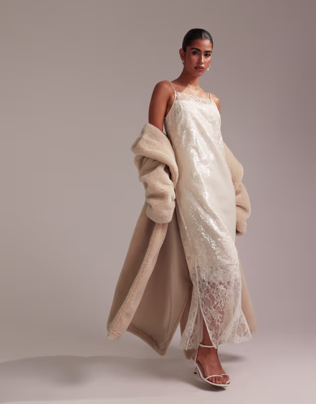 ASOS DESIGN floral lace applique embellished cami midaxi wedding dress in ivory