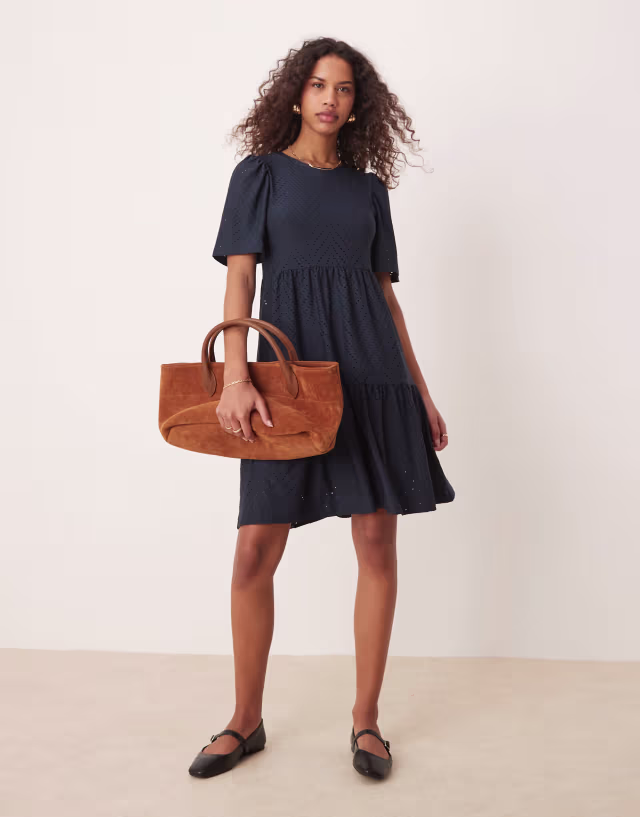 JDY tiered eyelet midi dress in navy