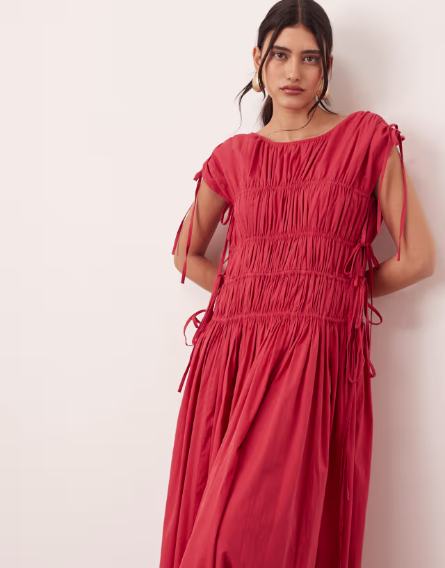 ARRANGE clean cotton drawstring detail trapeze midi dress with pockets in washed red