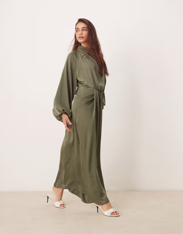 ASOS DESIGN draped blouson sleeve satin maxi dress in olive