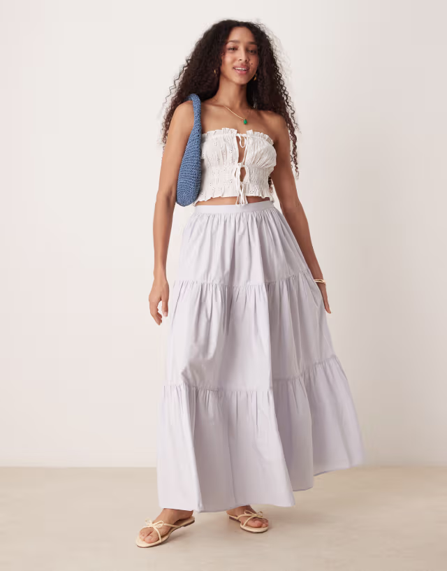 ASOS DESIGN tiered boho maxi skirt in washed blue