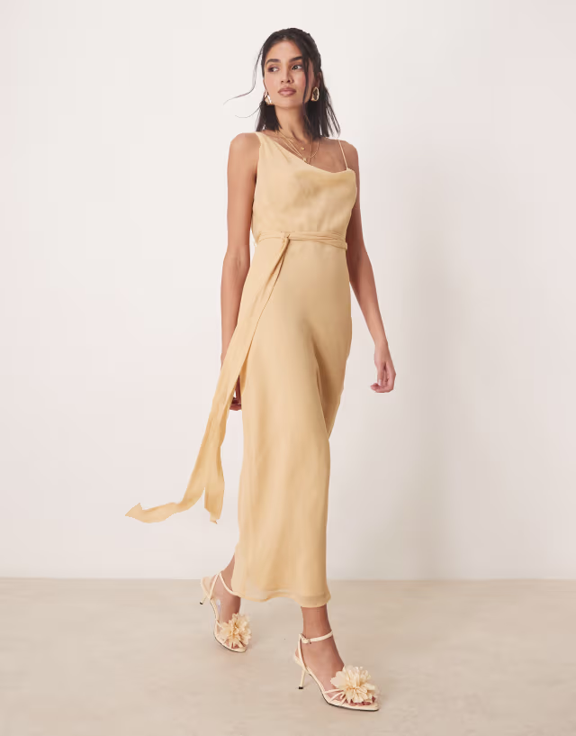 ASOS DESIGN asymmetric cowl neck slip midaxi dress with wrap around tie detail in sand