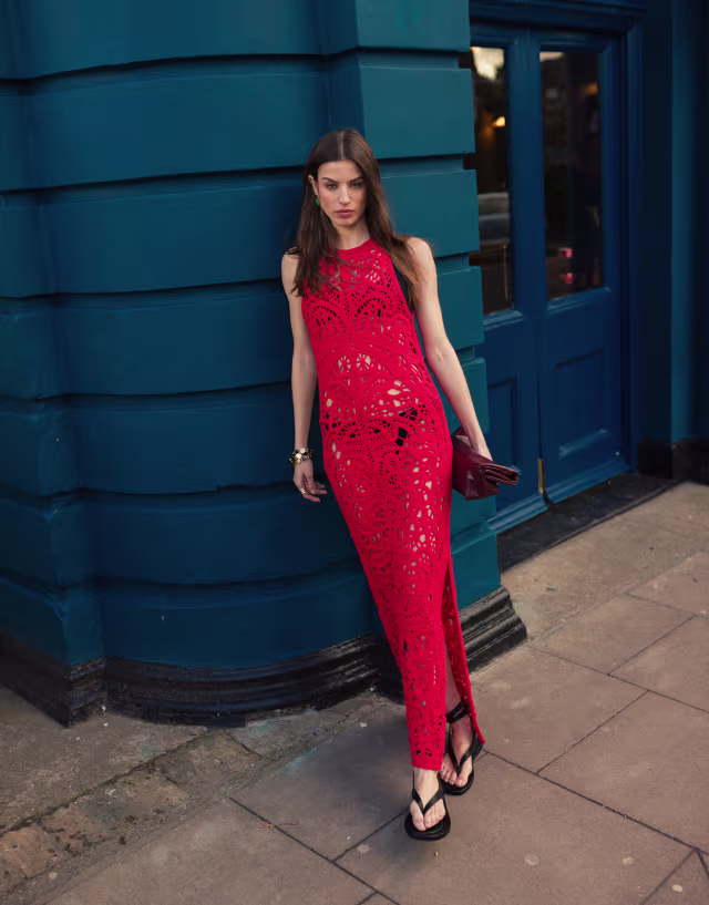 Topshop knit premium crochet maxi dress in red