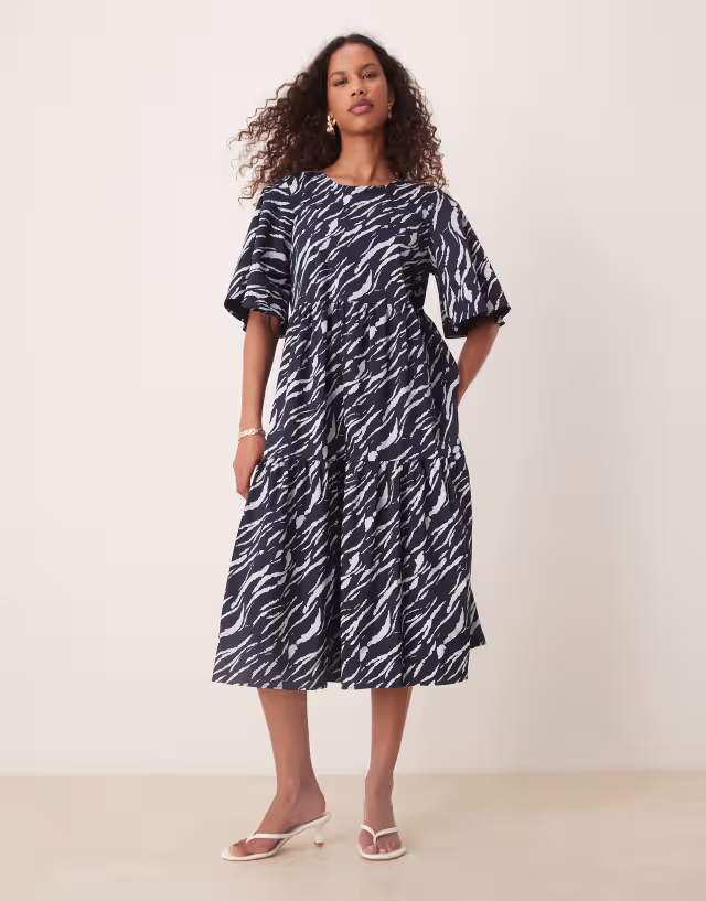 JDY tiered short sleeve midi dress in navy zebra print