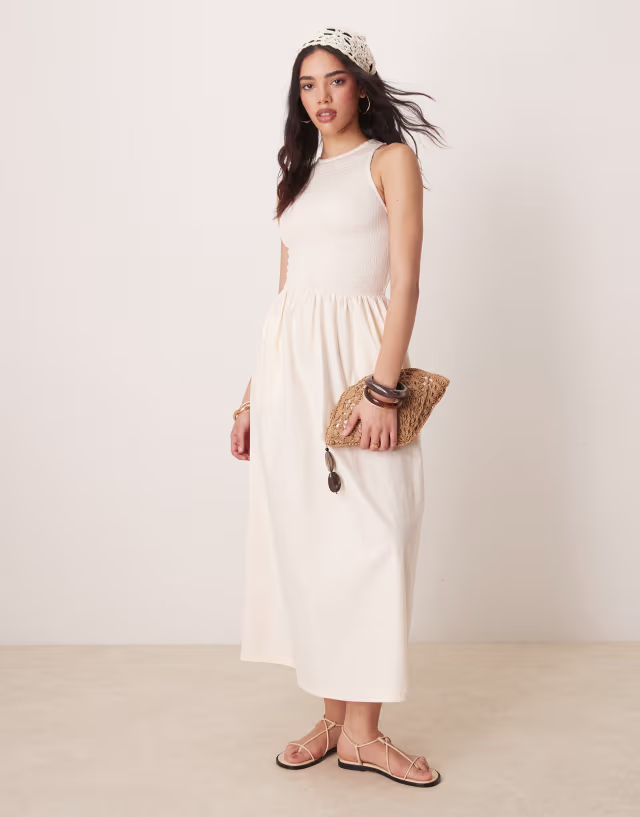 ASOS DESIGN racer crinkle bodice poplin skirt midi dress in cream