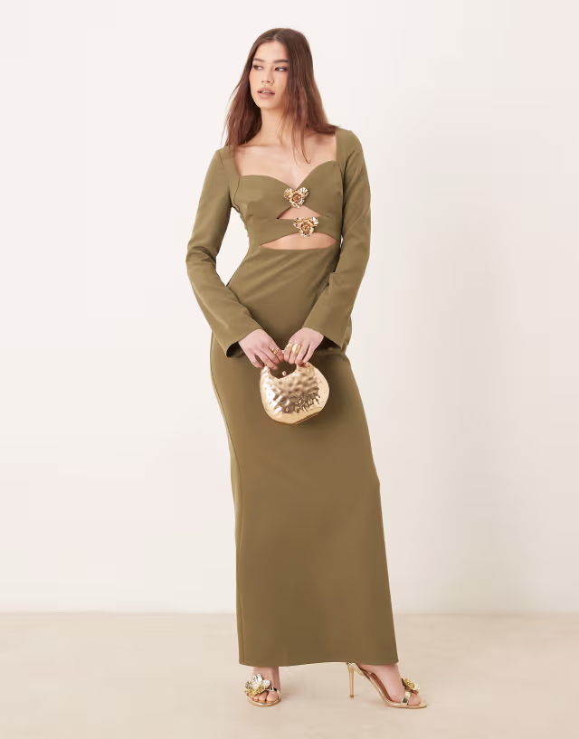 Pretty Lavish removable gold trim crepe maxi dress in olive