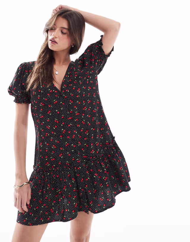 Miss Selfridge printed spun smock dress in Black Cherry Print