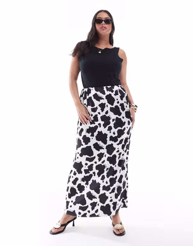 Renee Studio Plus exclusive satin maxi skirt in black & white cow print