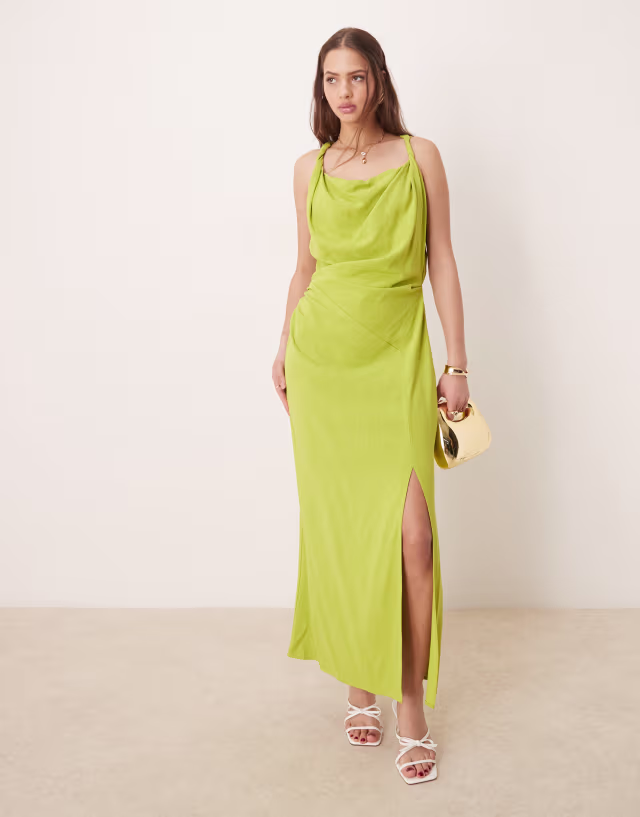 ASOS DESIGN linen twist shoulder detail midi dress with ruching in pale green