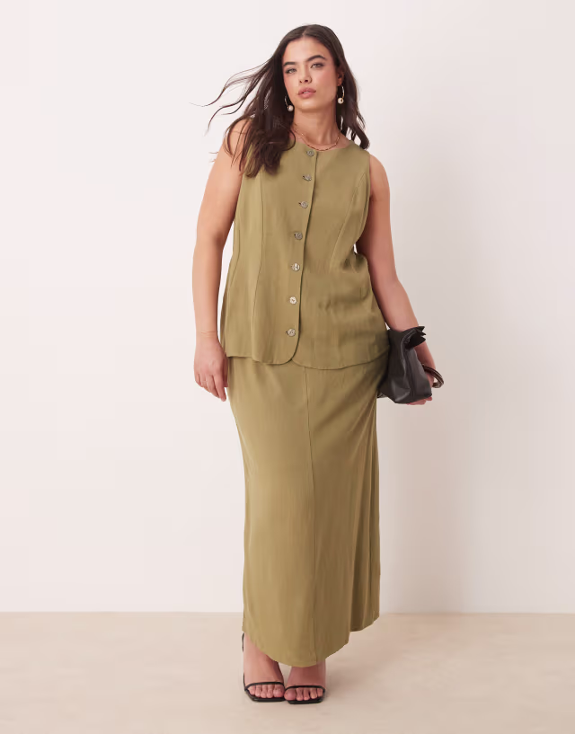 ASOS DESIGN Curve linen vest detail midi dress in khaki