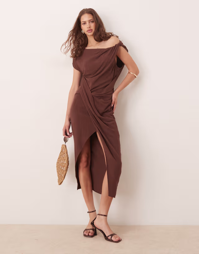 ASOS DESIGN linen blend fallen twisted shoulder wrap skirt detail midi dress in chocolate brown