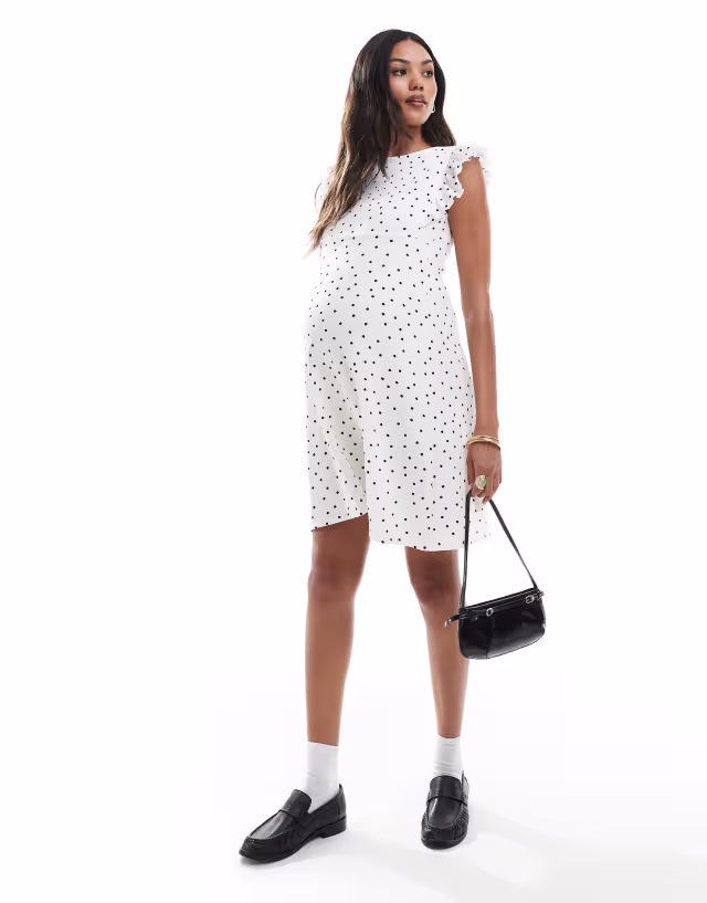 Mamalicious Maternity ruffle detail jersey knee dress in white polka dot print