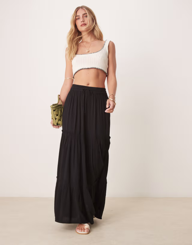 Vila tiered boho maxi skirt in black
