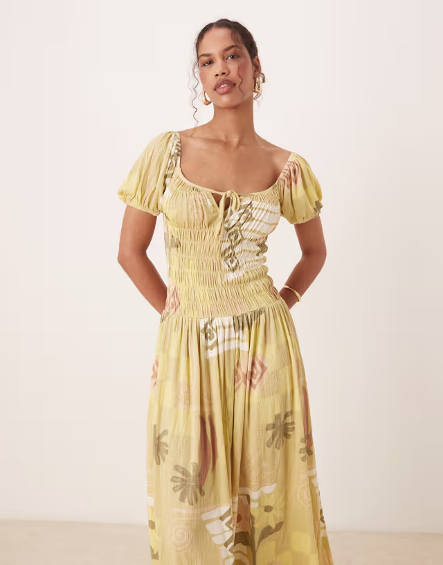 ASOS DESIGN crinkle shirred waist milkmaid puff sleeve midi tea dress in pastel postcard print