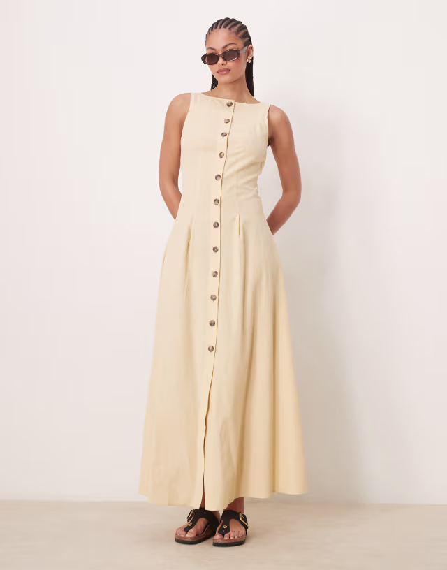 ASOS DESIGN Tall slash neck button down vest maxi dress in straw