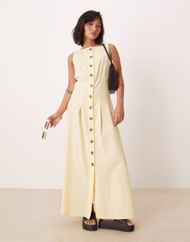 ASOS DESIGN Petite slash neck button down vest maxi dress in buttermilk