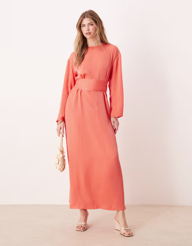 ASOS DESIGN tie back satin maxi dress in bright peach