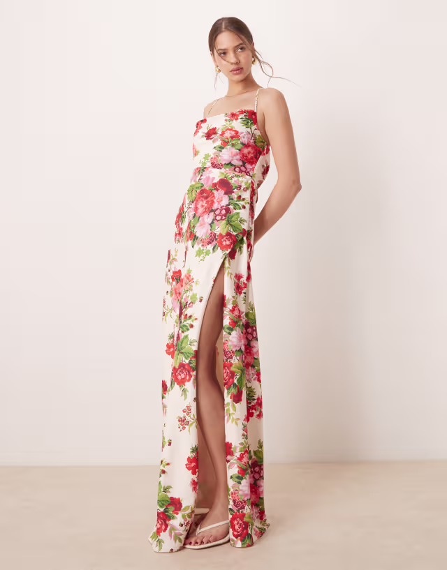 Hope & Ivy cowl neck cross back maxi dress with thigh split in white red floral