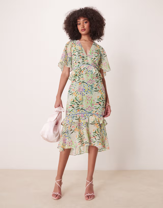 Hope & Ivy midi tea dress with peplum waist in green print