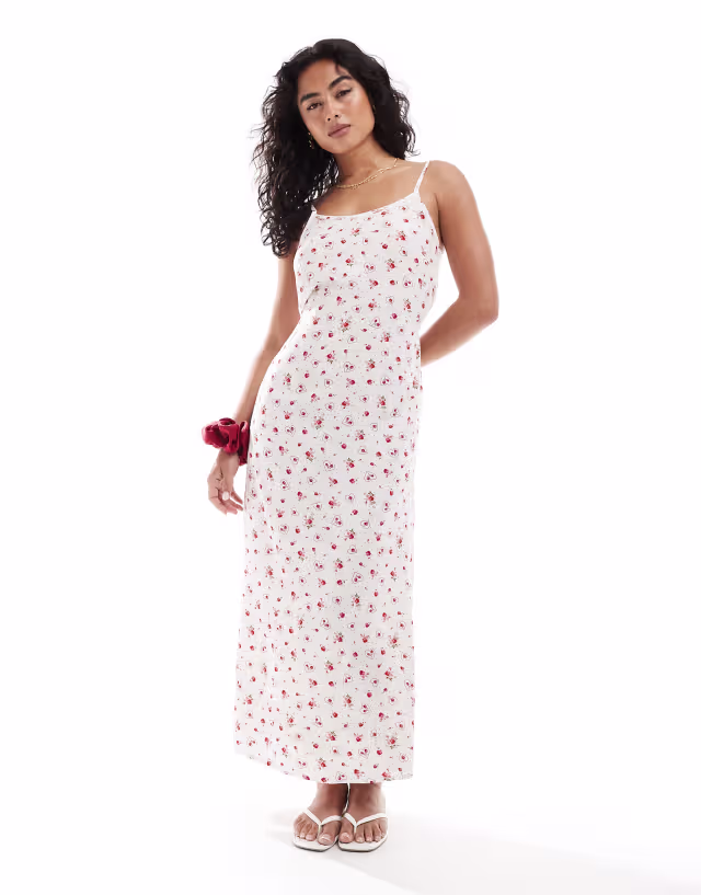 Miss Selfridge Petite strappy scoop neck maxi slip dress in heart print