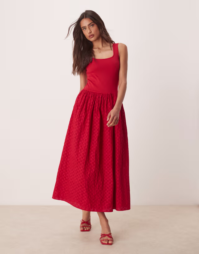 Nobody's Child Colorado midi dress in red with eyelet skirt