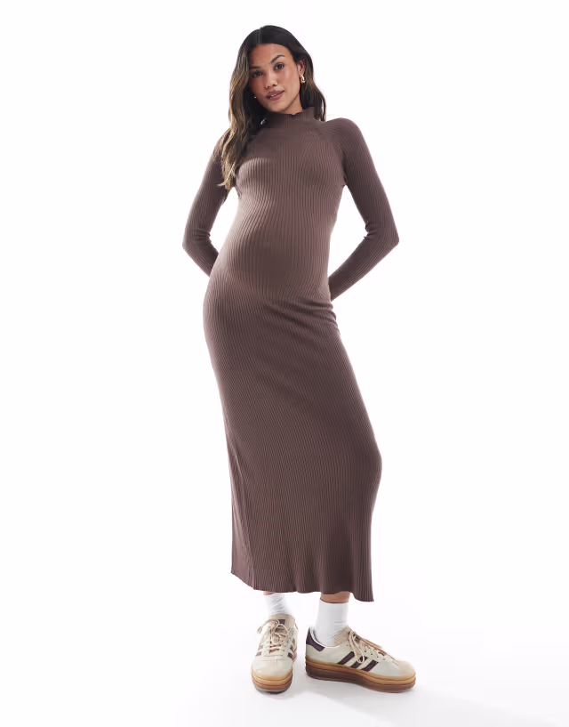 ASOS DESIGN Maternity fine-gauge knit maxi dress with ribbed details in mocha