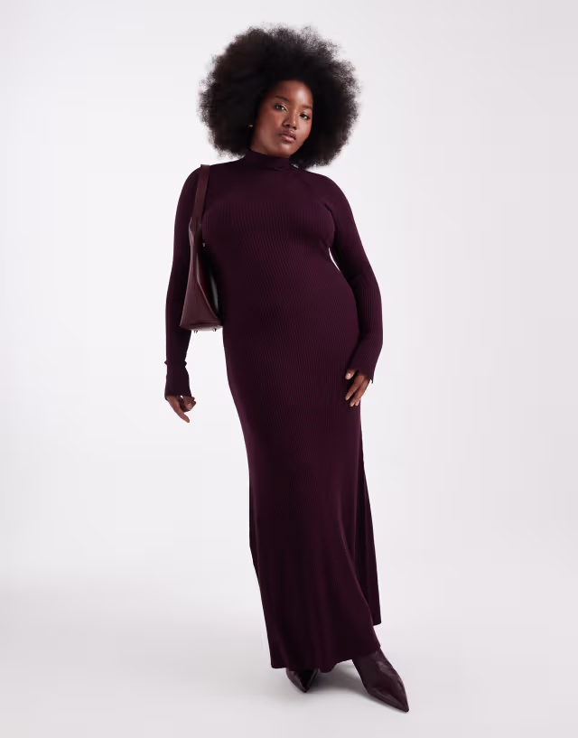 ASOS DESIGN Curve knit fine gauge maxi dress with ribbed detail in plum