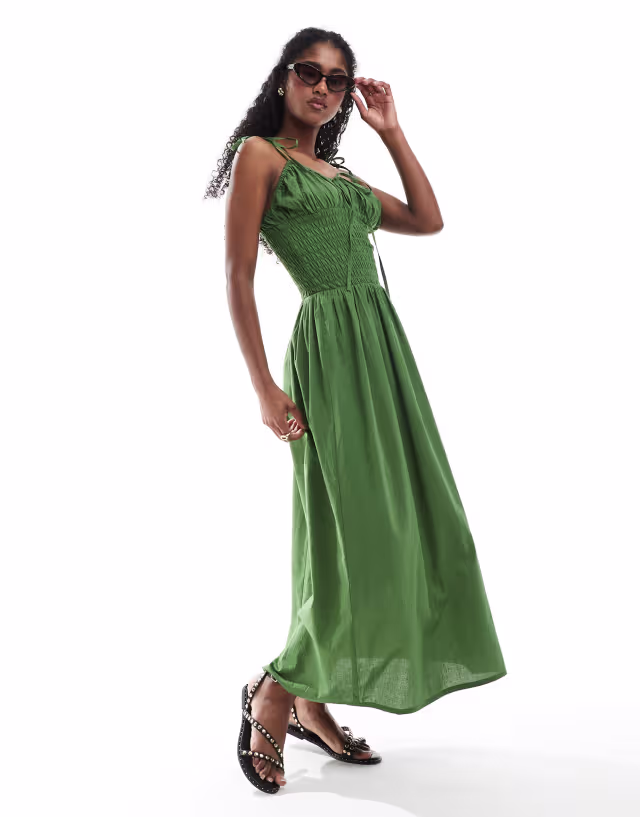Esmée Exclusive shirred detail beach dress in olive