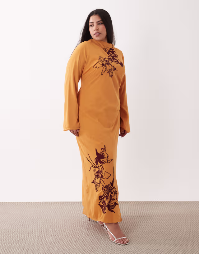 ASOS DESIGN Curve textured embroidered maxi dress in orange