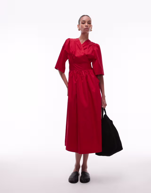 & Other Stories poplin midaxi dress with wrap front and puff sleeves in red