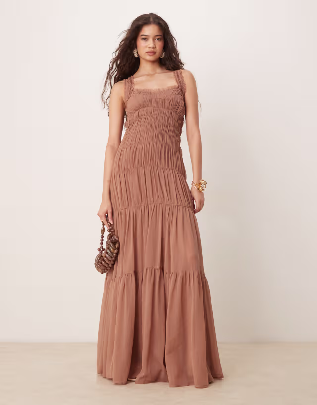 ASOS DESIGN shirred tiered ruffle trim maxi dress in mauve