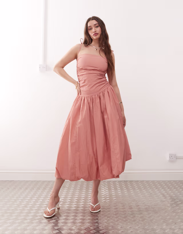 Amy Lynn Alexa tie shoulder puffball nylon midi dress in tawny