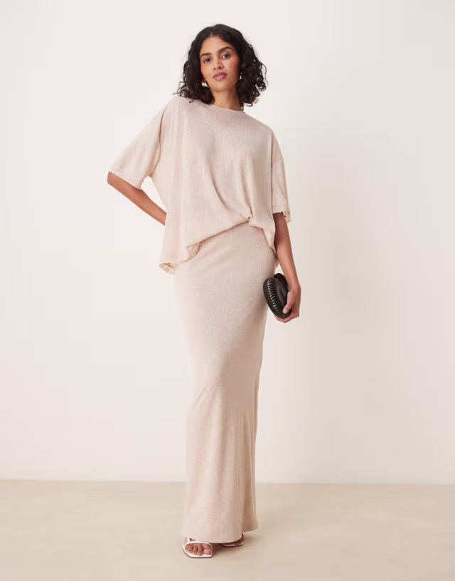 SNDYS fine knit high waisted maxi skirt in cream heather - part of a set