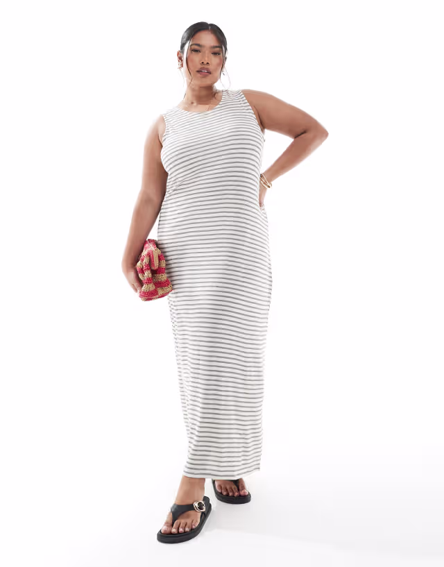Vero Moda Curve slubby maxi tank dress in oatmeal and white stripes