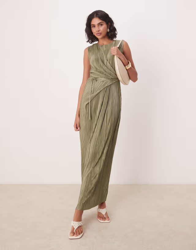 ASOS DESIGN plisse sleeveless wrap tie front maxi dress in khaki green