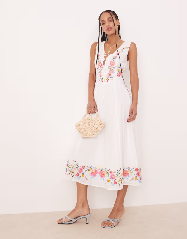 Nobody's Child Terra embroidered midi dress in white