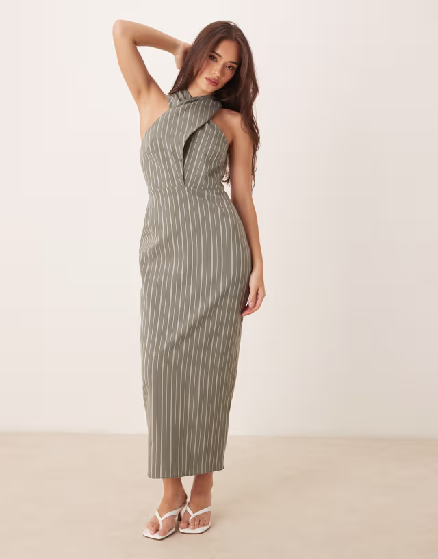 ASOS DESIGN bengaline cross neck midi column dress in stripe