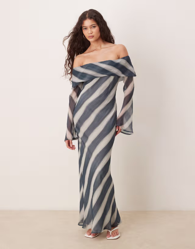 ASOS DESIGN fold over bardot midi dress in blue stripe print