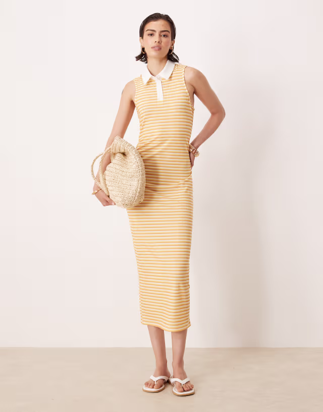 ASOS DESIGN sleeveless polo ruched waist midi dress in yellow stripe