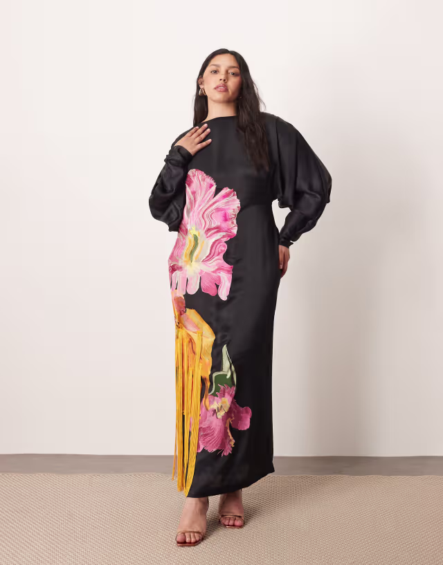 ARRANGE Curve dripping floral embroidered strong shoulders open back maxi dress in black